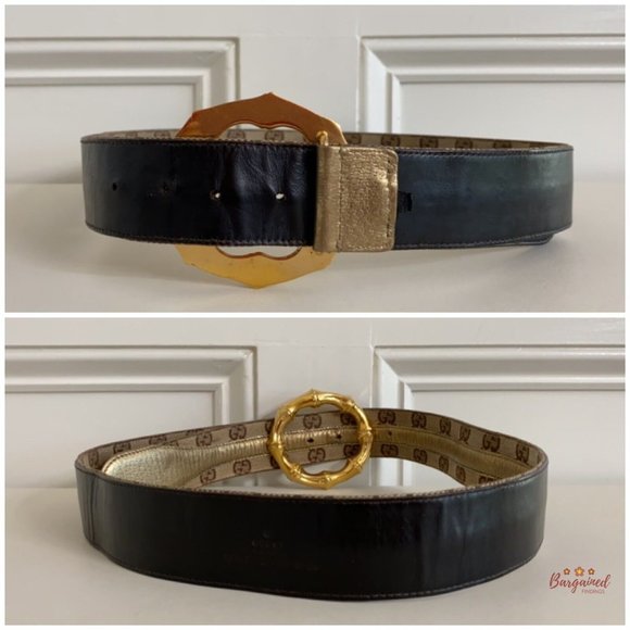 Auth Gucci Monogram Canvas Gold Metallic Leather Bamboo Metal Buckle Belt 88/34 - Picture 6 of 13